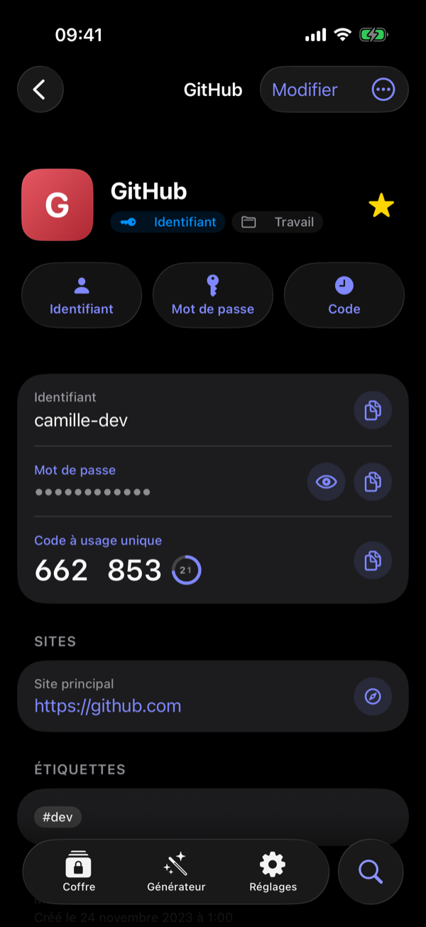 Verrou on iPhone: an item with its one-time code